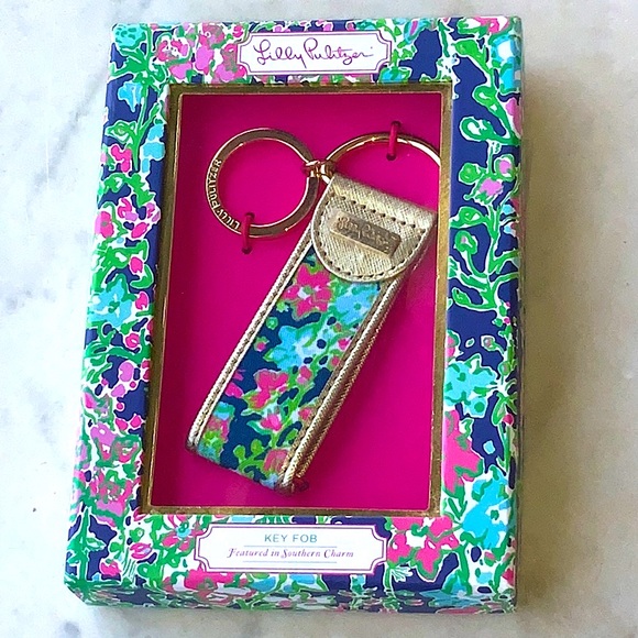 LILLY PULITZER KEY FOB BRASS GOLD LEATHER CANVAS FLORAL NIB - Picture 2 of 4